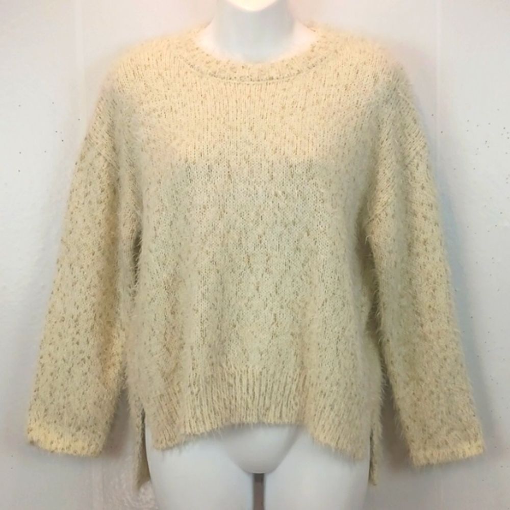 Cotton emporium fuzzy cream/ gold metallic threading long-sleeve sweater (M)